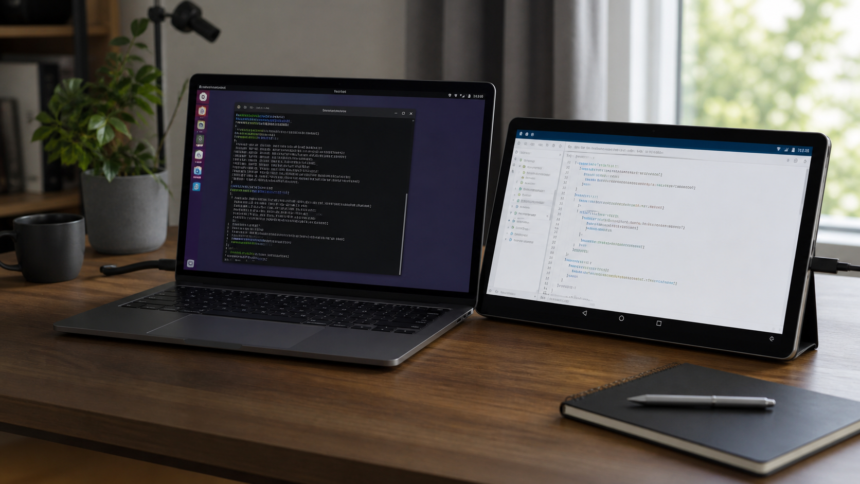 Linux laptop and Android tablet used together on a desk